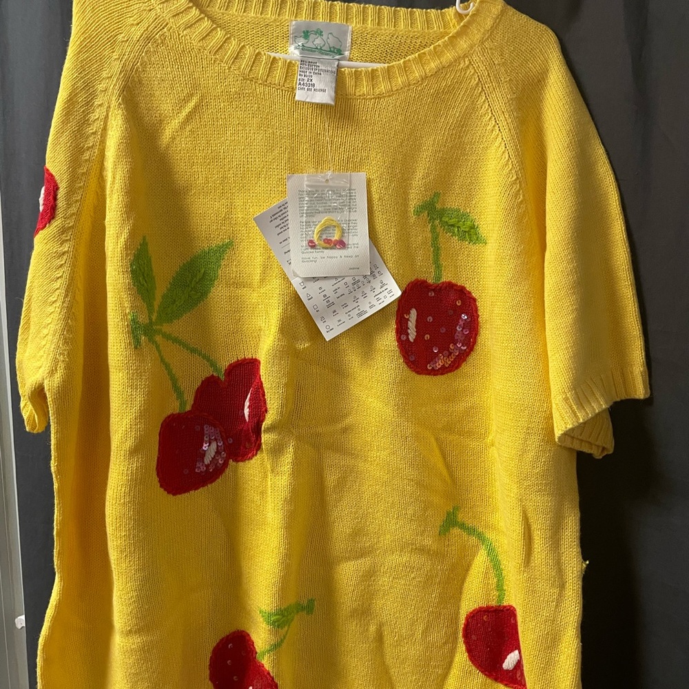 Quacker Factory QVC yellow sweater with cherries short sleeved - 2X.